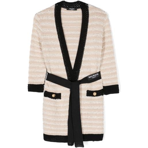 Balmain Kids cardigan a righe con cintura - toni neutri