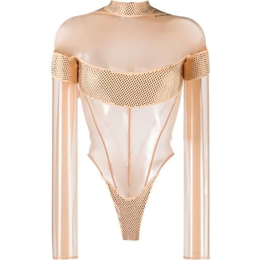 Mugler body semi trasparente con placca logo - oro