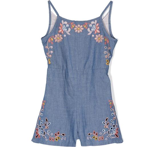 Chloé Kids tuta denim corta con ricamo a fiori - blu