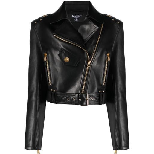 Balmain giacca biker in pelle con zip - nero