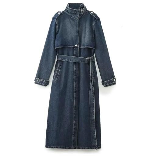 Generico trench lungo in denim da donna elegante colletto con bottoni con cintura cappotto in denim classico street fashion con tasche (blu, l)