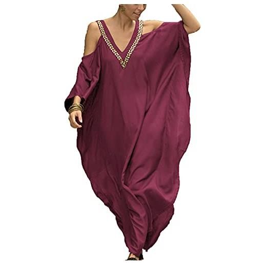 Abito Caftano Da Spiaggia Donna – Leggero, Con Cardigan, Fantasia Multi Fiore Rosso, Taglia Unica