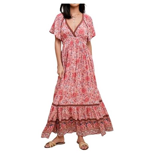 R.Vivimos donne estate manica corta collo a v abiti boho floreale patchwork abito impero vita a line increspature maxi abito(l, rosa)