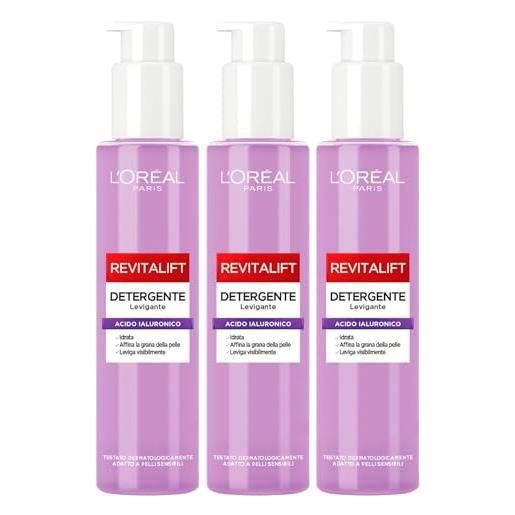 L'Oreal Paris l'oréal paris revitalift detergente viso levigante idratante esfoliante per pelle morbida con acido ialuronico e acido salicilico - 3 flaconi da 150ml