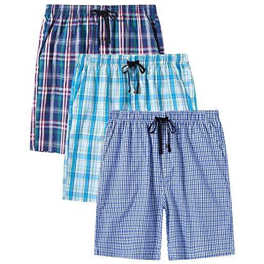 AjezMax pacco da 3 pantaloncini da pigiama da uomo cotone corti pantaloni notte estivo salotto quadri con tasche