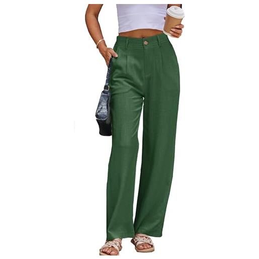 Fakanhui pantaloni da lavoro casual da donna, in lino, stile casual, a gamba dritta, a gamba larga, in cotone e lino, nero, x-large lungo