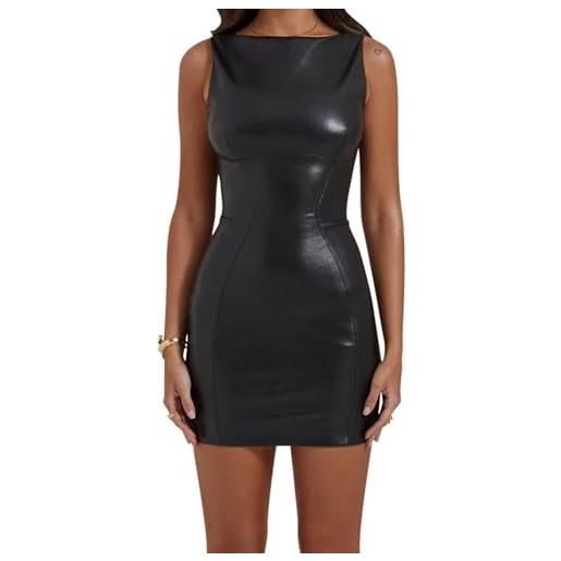 Zebaexf abito aderente da donna in ecopelle pu, mini-nero, m