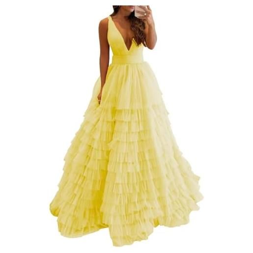 SAMHO abiti da ballo da donna in tulle a più livelli per matrimonio con scollo a v abiti da sera formali abiti da cerimonia increspati senza schienale mahl029, giallo, 42