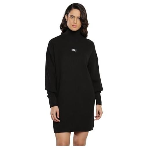 Calvin Klein jeans abito in maglia donna woven label loose maniche lunghe, nero (ck black), xxs