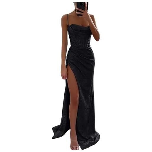 Generic abito lungo con brillantini e glitter, vita alta slim fit con schiena scoperta in pelle, vestito da sera donna con spalline sexy per capodanno