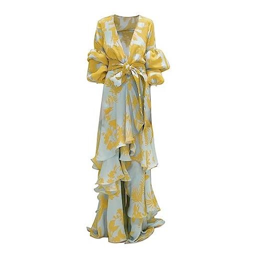 AMDOLE abito autunnale da donna, casual, in chiffon, filato, ampio, taglie forti, abito da cocktail da donna, giallo, xl