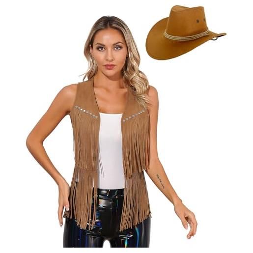 renvena gilet western per donna giacca cowboy indiano gilet da hippie con frange camoscio top con cappello da cowboy occidentale costume carnevale festa motto marrone xl
