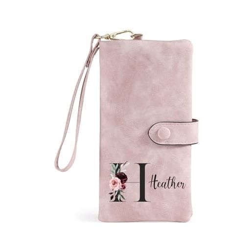Kaululu Portafoglio Lungo Personalizzato Donna In Pelle PU - Con Fiore Di Nascita Inciso E Nome, Portamonete, 11 Scomparti, Regalo Per Mamma