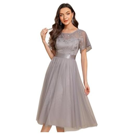 Ever-Pretty abito da cerimonia in tulle con ricami floreali e maniche a farfalla vestito da sera midi per feste e matrimoni grigio 40