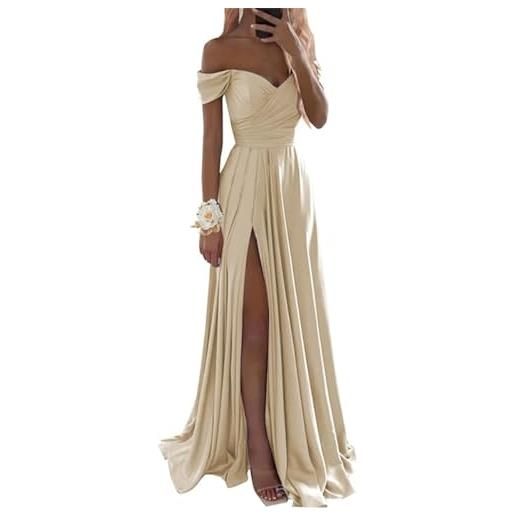SAYNO abiti da damigella d'onore da donna con spalle scoperte per matrimonio spacco laterale lungo increspato raso abiti formali con tasche, champagne, 42