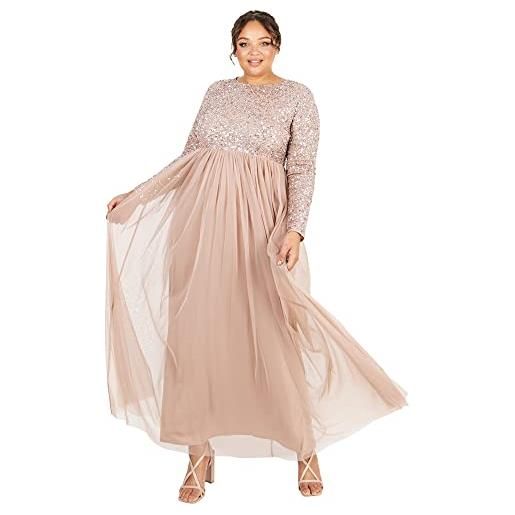 Maya Deluxe abito lungo da donna maya impreziosito a maniche lunghe da damigella d'onore color cipria vestito, tortora blush, 44