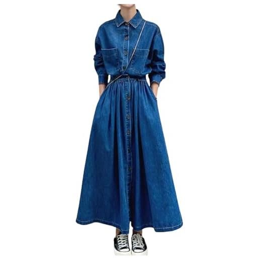 Goolecrimp abito casual da donna con bottoni primavera autunno abito in denim elastico in vita con bottoni orlo lungo in camicia di jeans abito da festa mini abiti lunghi (blu, l)