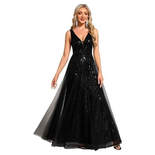 Ever-Pretty vestito da cerimonia maxi paillettes abiti da sera donna elegante slim vita alta brillantini tulle nero 48