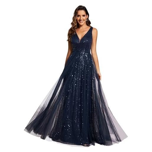 Ever-Pretty vestito da cerimonia maxi paillettes abiti da sera donna elegante slim vita alta brillantini tulle blu navy 36