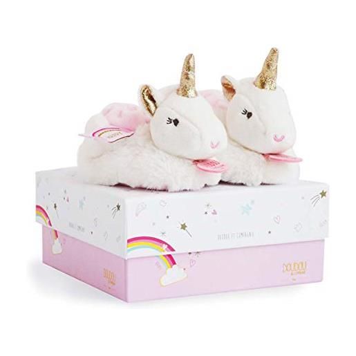 Doudou et Compagnie - pantofole bambino doudou unicorno - lucie la unicorno - regalo per nascita bambina - pantofole morbide con sonaglio per bambina - taglia 0-6 mesi mesi - bianco - dc3311