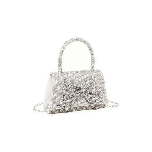 Fontanella Fashion pochette da sera di lusso con strass da donna, design a fiocco, elegante borsa con tracolla a catena, argento, taglia unica