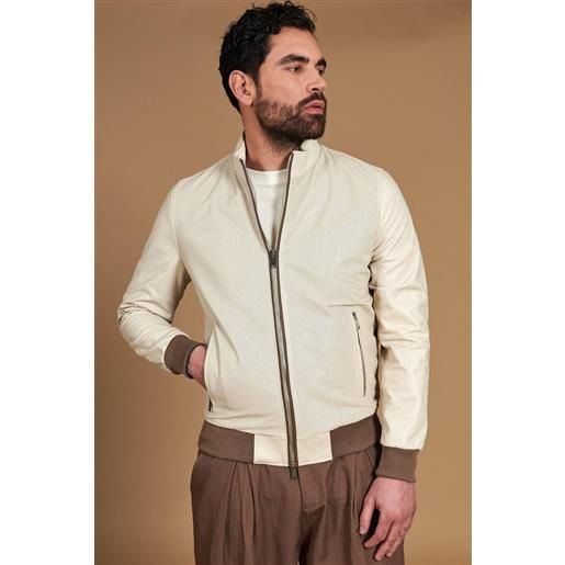 D'Arienzo giubbotto bomber in pelle traforata color crema con profili a contrasto fango D'Arienzo