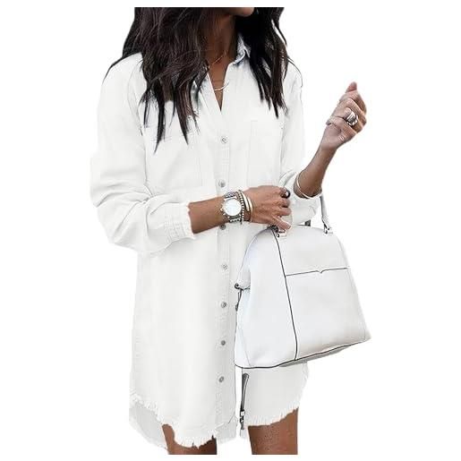 Zilcremo abito da donna con scollo a v, in jeans, a maniche lunghe, con bottone, a tunica, bianco, xxl