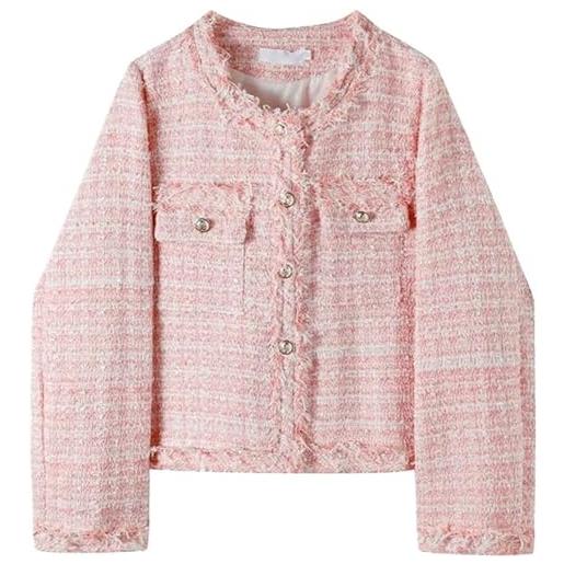 Suncadmious blazer in tweed rosa scozzese da donna elegante giacca slim da lavoro giacca alla moda versatile in tweed elegante giacca corta a scacchi ((rosa, l)