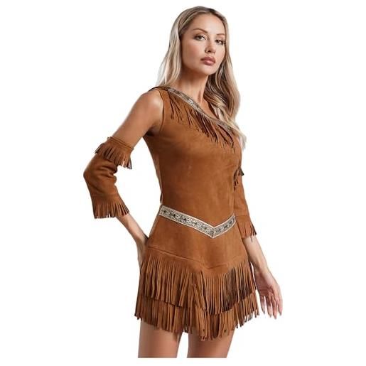 JEATHA donna abito da selvaggio west abito da principessa atena vestito da nativo americano per donna abiti antichi egiziani con fascia capelli piume marrone m