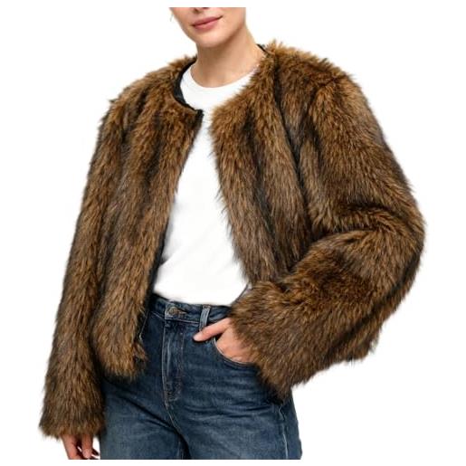 Amazhiyu cappotto da donna in pelliccia sintetica con tasche, giacca invernale a maniche lunghe, girocollo, aperto sul davanti, caldo cardigan in peluche, caff, l