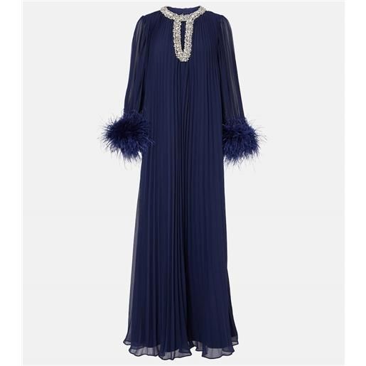 Self-Portrait abito lungo in chiffon con piume e cristalli