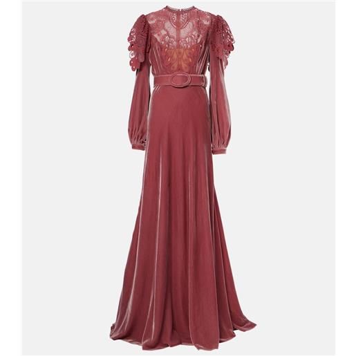 Costarellos abito lungo ashley in velluto con pizzo