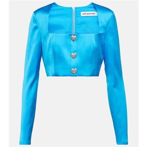 Self-Portrait top cropped in raso con cristalli