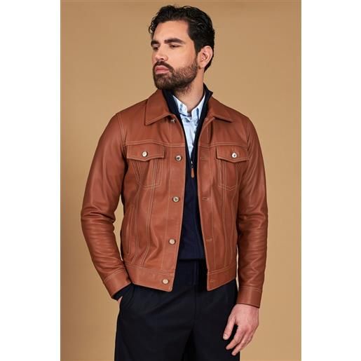 D'Arienzo giacca pelle naturale color cuoio con bottoni e collo camicia D'Arienzo