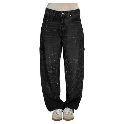 Generico jeans donna con glitter vita alta baggy pantaloni denim con strass curvy 2025 primavera moda pantaloni glitter larghi pantalone brillantini casual jeans lucidi dritti a gamba larga