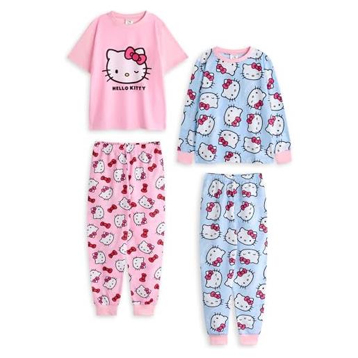 Hello Kitty set pigiama per ragazze, confezione da 2 | top a maniche corte con grafica bianca kitty blu e rosa per bambini e pantaloni pigiama a gamba lunga | indumenti da notte con stampa integrale