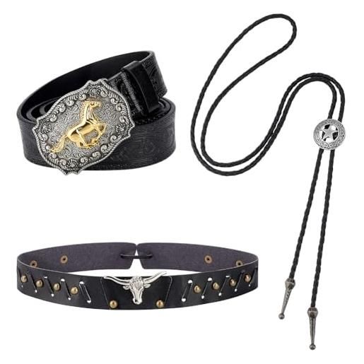 AHANDMAKER 3 fasce per cappello da cowboy accessori da cowboy per uomo cintura a catena e cravatta a stella e fascia regolabile per cappello rurale occidentale cinture per cappello da cowboy, nero , 