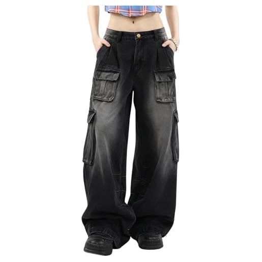 Hugboom pantaloni cargo larghi per donne e ragazze, jeans a gamba larga y2k hip hop streetwear a vita bassa jeans oversize vestiti grunge blu, blu, xs