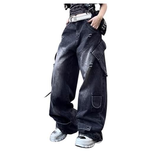 Hugboom pantaloni cargo larghi per donne e ragazze, jeans a gamba larga y2k hip hop streetwear a vita bassa jeans oversize vestiti grunge blu, nero4, xs
