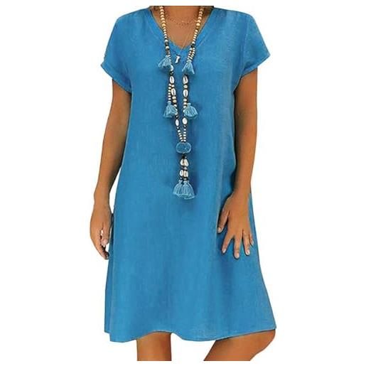 SUIBOZ abito estivo da donna con scollo a v da spiaggia prendisole tinta unita a-line abiti in lino boho casual al ginocchio manica corta mini abiti larghi, a blu, xs