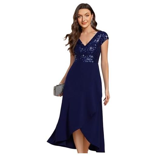 Ever-Pretty vestito elegante donna midi con scollo a v abito con corpetto in paillettes e gonna asimmetrica per cocktail e cerimonie blu navy 44
