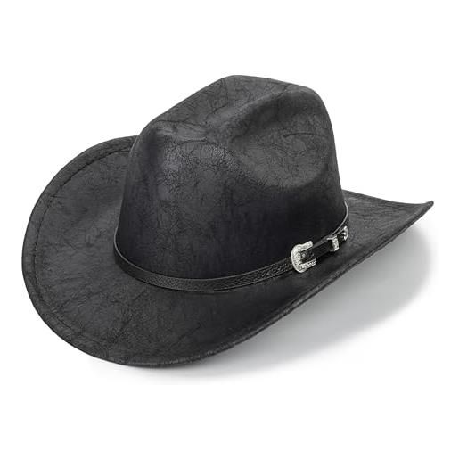 CaySep cappelli da cowgirl classici da cowboy occidentale da uomo e da donna, con cintura in metallo e pelle pu, cappello a tesa larga in stile cowboy occidentale, nero, medium