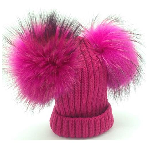 Brillabenny cappello cuffia bambina fuxia 2 pon pon staccabili vera pelliccia fuxia pink 1-3 anni cappellino baby hat fur