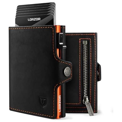 LORZOR portafoglio uomo pelle, porta carte di credito con protezione rfid & portamonete, porta tessere tascabile, portacarte uomo pop-up contenere 10 carte, con scomparto per contanti