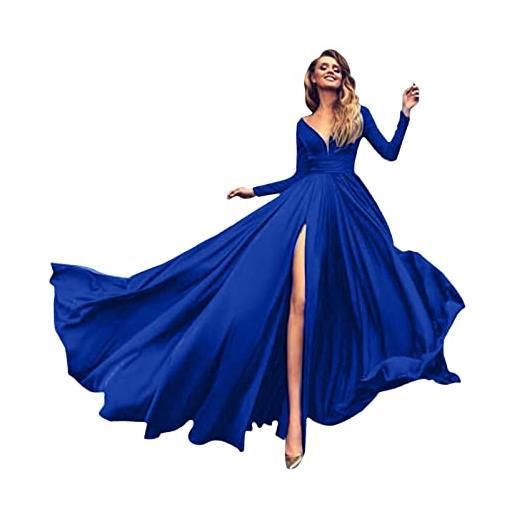Generic abiti formali eleganti da donna a vita alta tinta unita per ospiti di nozze orlo spaccato manica lunga scollo a v abito da cocktail abiti formali per ospiti di nozze abiti 2023, blu, m