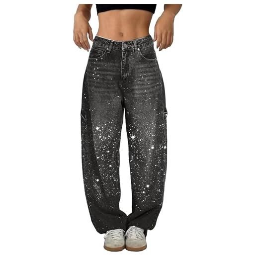 Generico jeans donna con glitter vita alta baggy, 2025 primavera moda pantaloni denim con strass curvy pantaloni glitter larghi pantalone brillantini casual jeans lucidi dritti a gamba larga