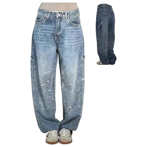 Suncadmious primavera delle donne casual strass sciolto harlan y2k casual gamba larga pantaloni adolescenti lucido gradiente diamanti jeans hot drill jeans (azzurro, m)