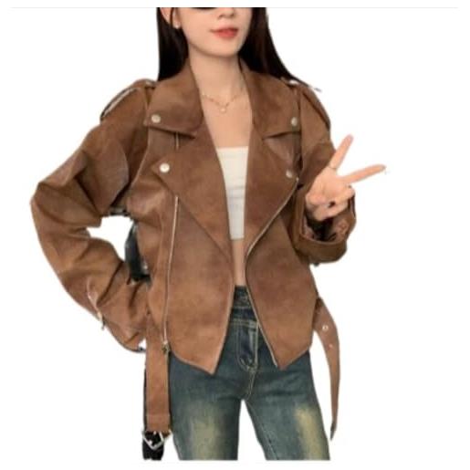 Goolecrimp giacca da donna in camoscio vintage moda casual risvolto cravatta giacca corta elegante classico ufficio business giacca a maniche lunghe autunno (marrone, m)