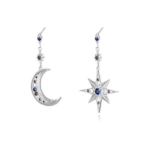 Orecchini Pendenti Donna In Argento Sterling 925 Con Luna E Stelle - Lunghi 9,3 Cm, Gioielli Eleganti Per Matrimonio, Compleanno, Festa