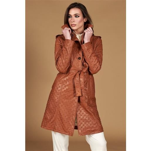 D'Arienzo cappotto monopetto in pelle color cuoio con cintura stampa borchia D'Arienzo